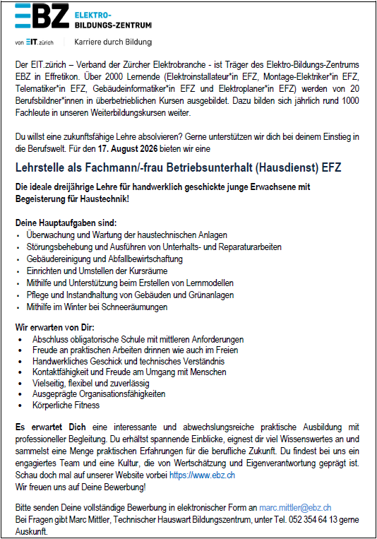 Lehrstelle als Fachmann Betriebsunterhalt